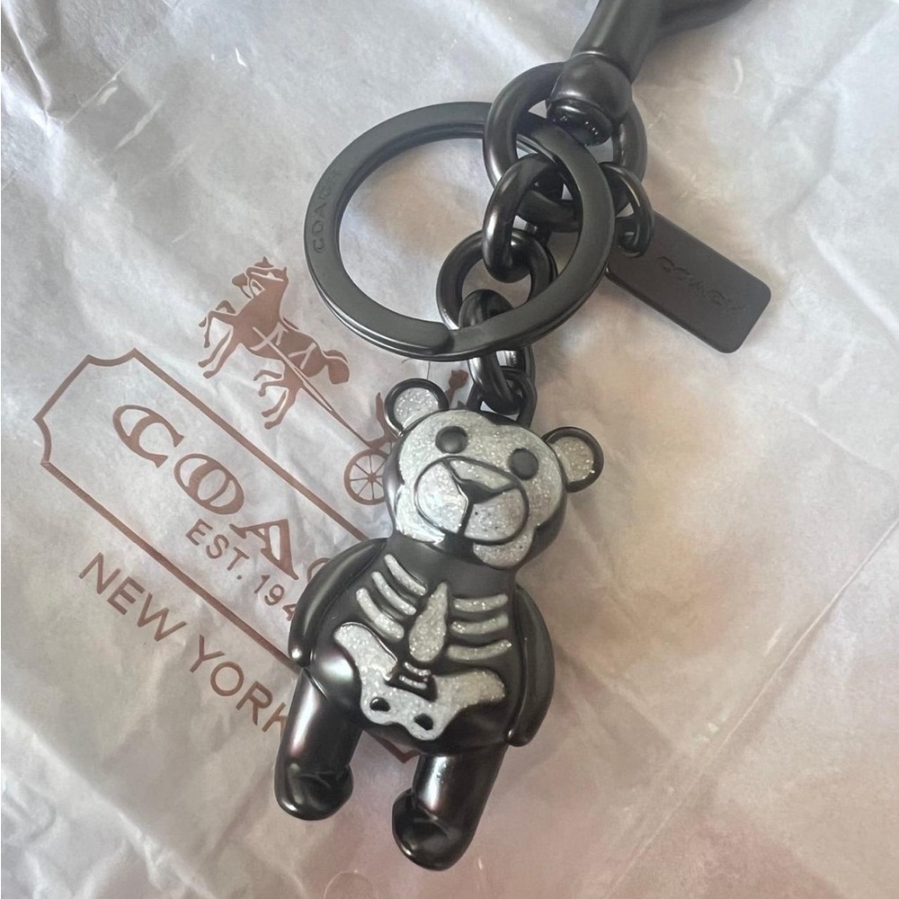 Coach Black Bear Skeleton Keychain Charm with Silver Glitter Accents